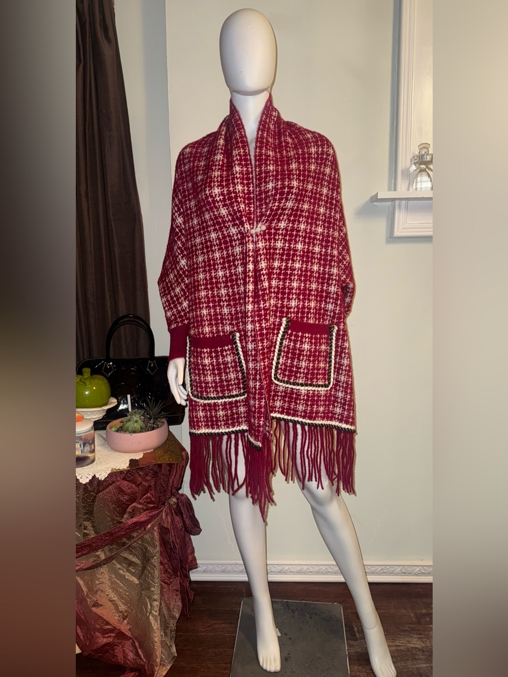 Fringed Red Plaid Knit Shawl with Patch Pockets